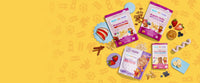 Array of RSF! products featuring Daniel Tiger are displayed in an overhead view, along with various allergen ingredients