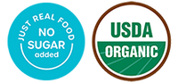 Two badges indicating no sugar added and USDA certified organic ingredients