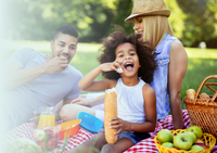 Family enjoying picnic with french bread and snacks