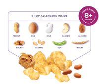 Puffs and peanut butter pictured in front of a chart of 9 top allergens
