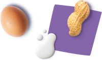 Egg, milk and peanut together against a purple square