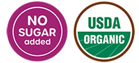 Badges indicating that no sugar is added and certified USDA organic