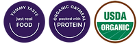 Badges indicating protein benefits and USDA organic ingredients