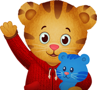 Daniel Tiger holding stuffed animal toy and waving