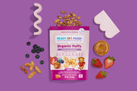 RSF! Peanut Butter Blueberry Puffs pouch surrounded by fruit, peanut butter and blueberries