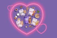 Neon hearts with inset images of pouches of RSF! Oatmeal