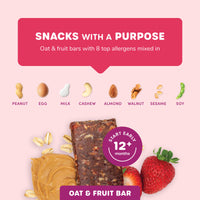 RSF! Snacks with a Purpose banner, featuring Peanut Butter Strawberry Oat & Fruit Bars